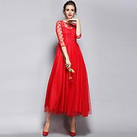 womens embroidery party vintage a line dress round neck maxi long slee ...