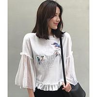 Women\'s Casual/Daily Simple Spring Summer T-shirt, Floral Patchwork Letter Round Neck ½ Length Sleeve Polyester Thin