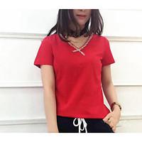 Women\'s Casual/Daily Simple T-shirt, Solid Round Neck Short Sleeve Cotton