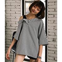 Women\'s Casual/Daily Simple Spring Summer Shirt, Striped Patchwork Asymmetrical Short Sleeve Others Thin