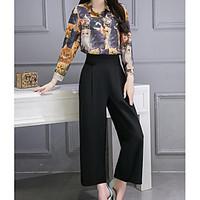Women\'s Casual/Daily Street chic Spring Summer Shirt Pant Suits, Animal Print Shirt Collar Long Sleeve Micro-elastic