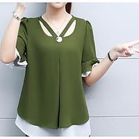 Women\'s Casual/Daily Simple Summer Blouse, Solid Round Neck Short Sleeve Cotton Thin