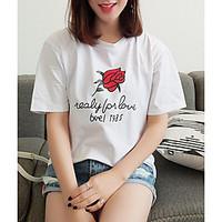 Women\'s Casual/Daily Simple Spring Summer T-shirt, Print Letter Round Neck Short Sleeve Cotton Thin