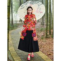 Women\'s Casual/Daily Vintage Chinoiserie Spring Fall Shirt Skirt Suits, Floral Stand Long Sleeve Inelastic