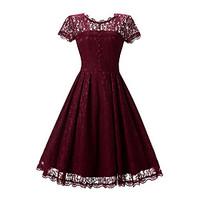 Women\'s Casual/Daily Beach Holiday Vintage Lace Swing Dress, Jacquard Round Neck Knee-length Short Sleeve Cotton Polyester Summer High Rise