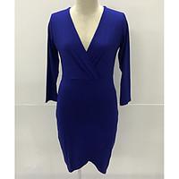 Women\'s Casual/Daily Bodycon Dress, Solid V Neck Asymmetrical Long Sleeve Cotton Fall High Rise Micro-elastic Medium