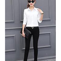 Women\'s Casual/Daily Simple Spring Shirt, Solid Shirt Collar Long Sleeve Cotton Medium