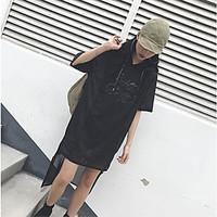 Women\'s Casual/Daily Simple T Shirt Dress, Solid Hooded Above Knee Short Sleeve Polyester Summer Mid Rise Micro-elastic Medium