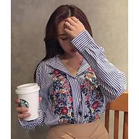 Women\'s Casual/Daily Vintage Simple Spring Summer Shirt, Striped Embroidered Shirt Collar Long Sleeve Polyester Thin