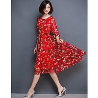 Women\'s Sexy Floral Plus Size / Swing Dress , Round Neck Knee-length Silk