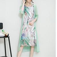 Women\'s Plus Size Going out Sophisticated Loose Dress, Print Round Neck Asymmetrical ½ Length Sleeve Silk Linen Green Spring SummerMid
