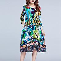 Women\'s Plus Size Going out Sophisticated Loose Dress, Print Round Neck Midi ¾ Sleeve Silk Polyester Blue Spring Mid Rise Micro-elastic