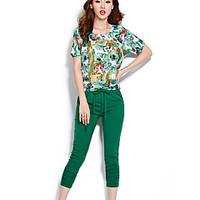 Women\'s Casual/Daily Simple Summer T-shirt Pant, Print Round Neck Short Sleeve Red / Green Polyester Thin Set