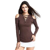 Women\'s Off The ShoulderLace upCut Out Going out / Club Sexy / Street chic Spring / Fall T-shirtSolid Deep V Long Sleeve Criss-Cross Cut Out Medium