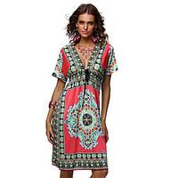 Women\'s Boho Holiday Loose Dress, Print V Neck/Deep V/Cowl/Bow Above Knee Short SleeveBlue/Pink/Red/White/Beige/Black/Brown/