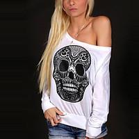 Women\'s Off The Shoulder Going out / Casual/Daily Sexy / Street chic Loose Off-The-Shoulder T-shirt Print Boat Neck Batwing Long Sleeve