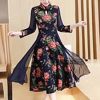 Women\'s Holiday Going out Casual/Daily Vintage Street chic Chinoiserie Shift Dress, Plaid Stand Maxi Knee-length ¾ Sleeve AcrylicAll