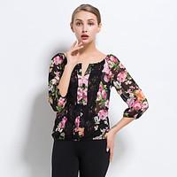 Women\'s Casual/Daily Cute / Street chic Summer Blouse, Floral V Neck ¾ Sleeve Black Polyester Thin