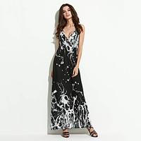 Women\'s Backless Holiday / Plus Size Boho Swing Dress, Check Strap Maxi Sleeveless Black Cotton / Polyester Summer