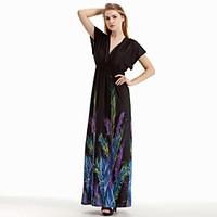 Women\'s Holiday / Plus Size Boho Swing Dress, Print Deep V Maxi Sleeveless Black Cotton / Polyester Summer