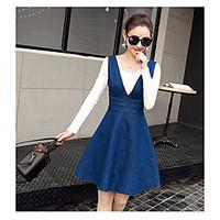 Women\'s Casual/Daily Simple Denim Dress, Solid V Neck Maxi Sleeveless Cotton Summer Mid Rise Micro-elastic Medium