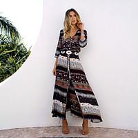 womens beach holiday boho a line dress print v neck maxi long sleeve c ...