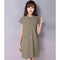 Women\'s Casual/Daily Simple Loose Dress, Solid Stand Above Knee Short Sleeve Linen Summer Mid Rise Micro-elastic Medium