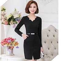 Women\'s Going out Beach Holiday Sheath Dress, Solid V Neck Above Knee Long Sleeve Cotton Spring Summer High Rise Micro-elastic Medium