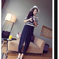 Women\'s Casual/Daily Simple Summer T-shirt Pant Suits, Striped Round Neck Short Sleeve Micro-elastic