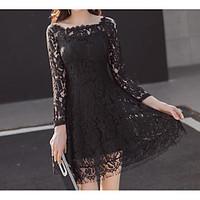Women\'s Lace Party A Line Dress, Solid Round Neck Above Knee Long Sleeve Cotton Spring Fall High Rise Micro-elastic Thin