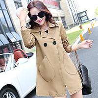 Women\'s Going out Cute Spring Trench Coat, Solid Notch Lapel Long Sleeve Long Cotton