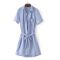 Women\'s Daily Shirt Dress, Striped Shirt Collar Knee-length Short Sleeve Polyester Summer Mid Rise Inelastic Thin