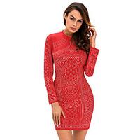 Women\'s Casual/Daily Sexy Bodycon Dress, Solid Crew Neck Mini Long Sleeve Red / White Polyester