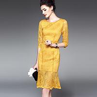 Women\'s RuffleLace Going out Simple Sheath Dress, Solid Ruffle Round Neck Knee-length ¾ Sleeve Polyester Yellow Spring Summer Mid Rise Micro-elastic
