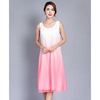 Women\'s Going out Loose Dress, Solid Round Neck Knee-length Sleeveless Polyester Spring Summer Mid Rise Inelastic Thin