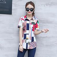 Women\'s Casual/Daily Simple Shirt, Floral Color Block Square Neck Short Sleeve Cotton Polyester