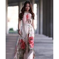 Women\'s Stand Sleeveless Floral Print Maxi Dress with Belt