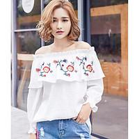 Women\'s Casual/Daily Simple Cute Spring Summer Shirt, Embroidered Boat Neck Long Sleeve Cotton Thin