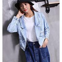 womens daily casual spring denim jacket solid peaked lapel long sleeve ...