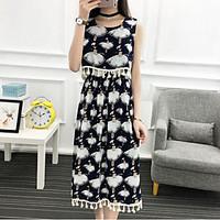 Women\'s Going out Holiday Sexy Simple Sheath Dress, Print Round Neck Midi Sleeveless Polyester Spring Summer Mid Rise Inelastic Medium