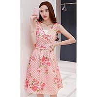 Women\'s Birthday Daily Vintage Cute A Line Dress, Print V Neck Knee-length Sleeveless Others Summer Mid Rise Inelastic Medium