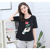 Women\'s Casual/Daily Simple T-shirt, Floral Round Neck Short Sleeve Cotton