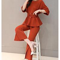 Women\'s Casual/Daily Simple Summer Shirt Pant Suits, Solid Round Neck Half Sleeve Micro-elastic