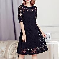 Women\'s Lace Plus Size Going out Work Sexy Simple Cute Loose Dress, Solid Lace Round Neck Knee-length ½ Length Sleeve Polyester Red Black Summer