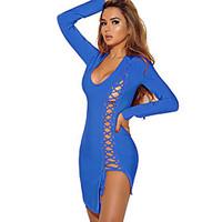 Women\'s Lace up Casual/Daily / Club Sexy / Simple Bodycon Cut Out Bandage DressSolid U Neck Asymmetrical Long Sleeve Spring