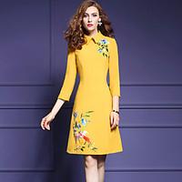 Women\'s Embroidery Going out Simple A Line Dress, Embroidered Peter Pan Collar Above Knee ¾ Sleeve Blue / Yellow Polyester Fall Mid Rise Micro-elastic