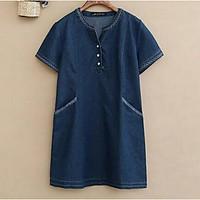 Women\'s Casual/Daily Simple Loose Dress, Solid Round Neck Above Knee Short Sleeve Blue Polyester Summer Mid Rise Micro-elastic Medium