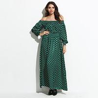 Women\'s Off The Shoulder Casual/Daily Sexy Swing Dress, Polka Dot Boat Neck Maxi Long Sleeve Green Polyester Fall / Winter