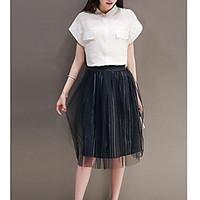 Women\'s Casual/Daily Simple Summer Shirt Skirt Suits, Solid Shirt Collar Short Sleeve Micro-elastic