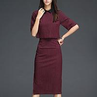 Women\'s Casual/Daily Simple Fall Set Skirt, Striped Shirt Collar ½ Length Sleeve Red Cotton Medium